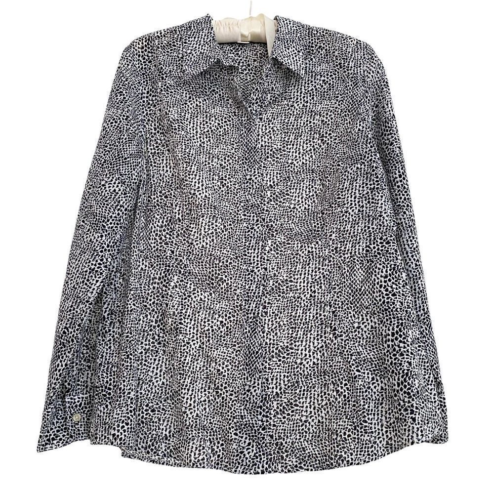 Coldwater Creek No Iron Black + White Cotton Animal Print Snakeskin Blouse 14